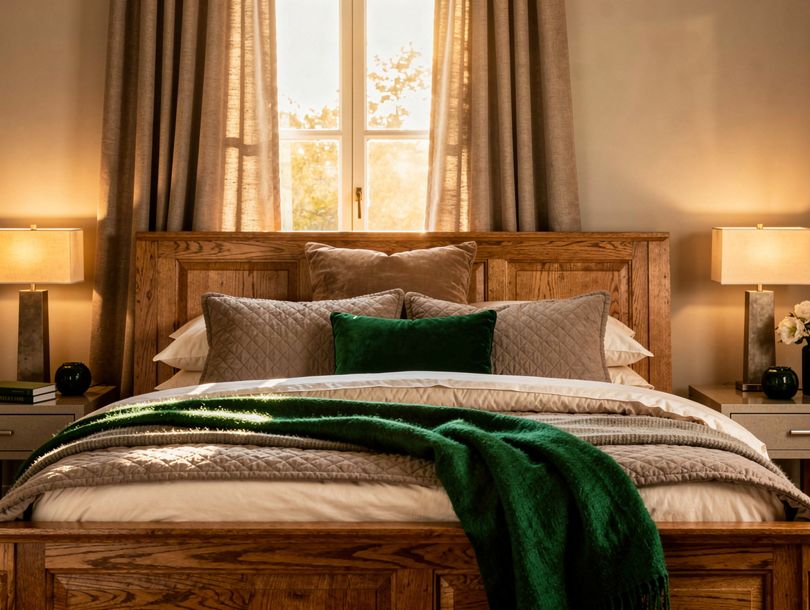 Medium-angle photograph of transitional bedroom showing paneled oak bed, simple