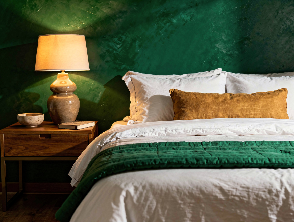 Medium shot of a cozy guest bedroom with a queen bed, plush layered bedding, lin