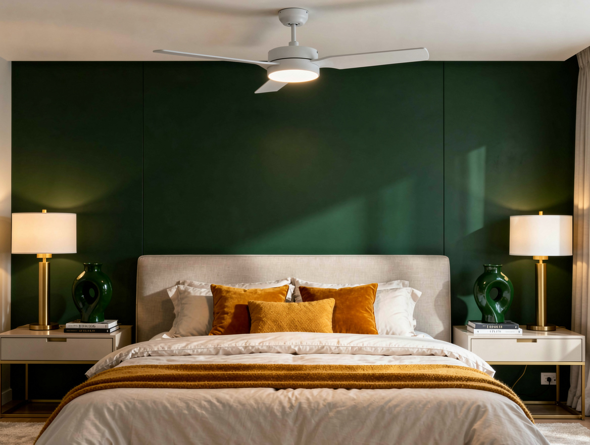 Medium view of a contemporary bedroom with a slim matte white ceiling fan, flat
