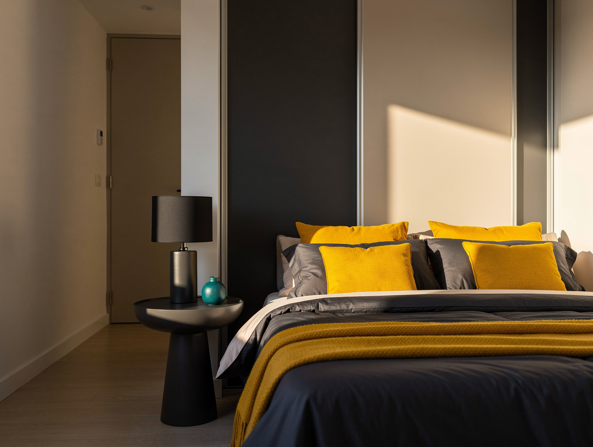 Medium-angle photo of a small bedroom with a bed, one round pedestal table, slid