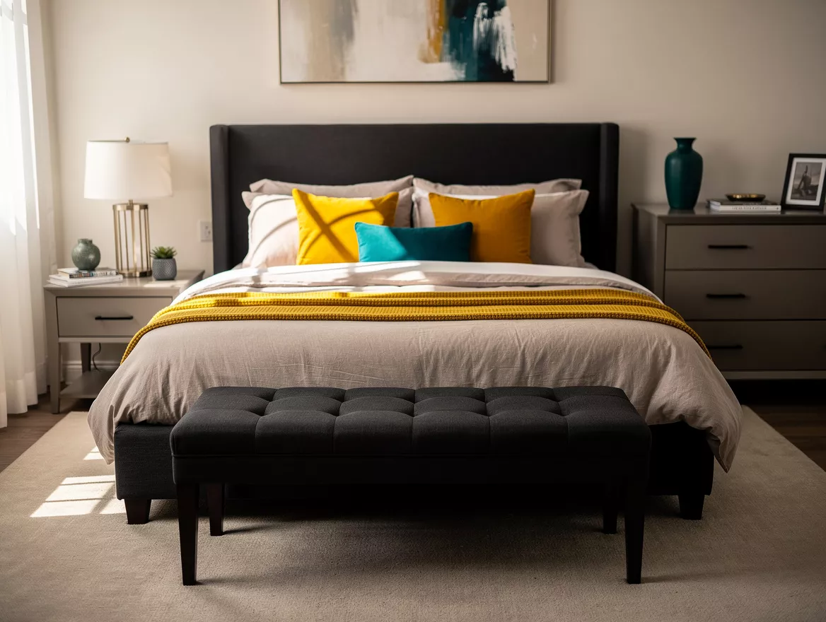 Medium-wide realistic bedroom photograph showing an upholstered storage bench at