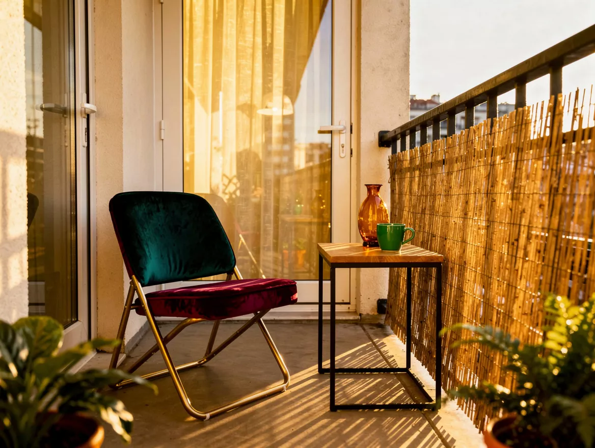 Medium-angle editorial photograph of a narrow bedroom balcony with one folding c