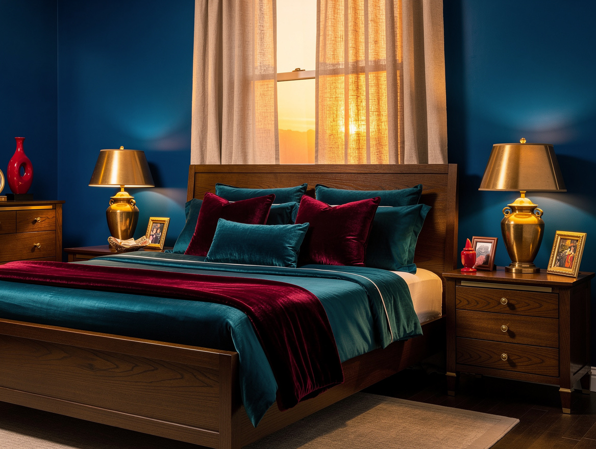 Medium interior photo of a sapphire bedroom with tobacco-toned wood furniture, o