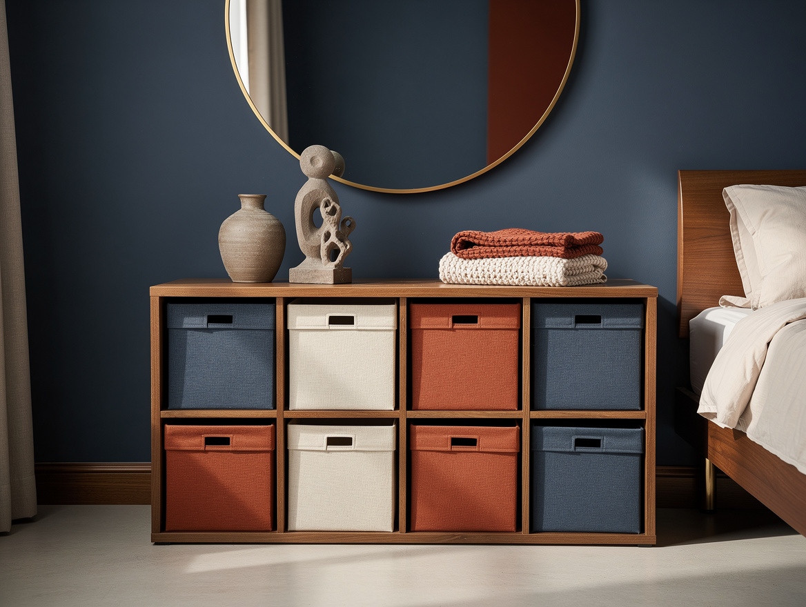 Realistic medium shot of a low wide 2-by-3 cube organizer used as a bedroom dres