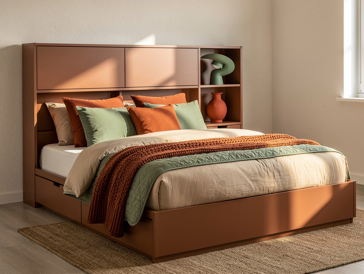 Medium-angle editorial photo of a small bedroom where a queen storage headboard