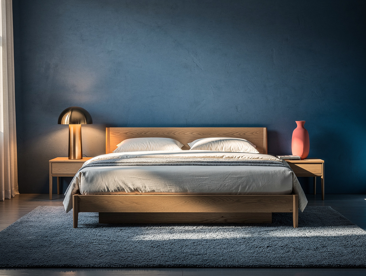 Realistic medium view of a tonal blue bedroom with gray-blue matte walls, oak be