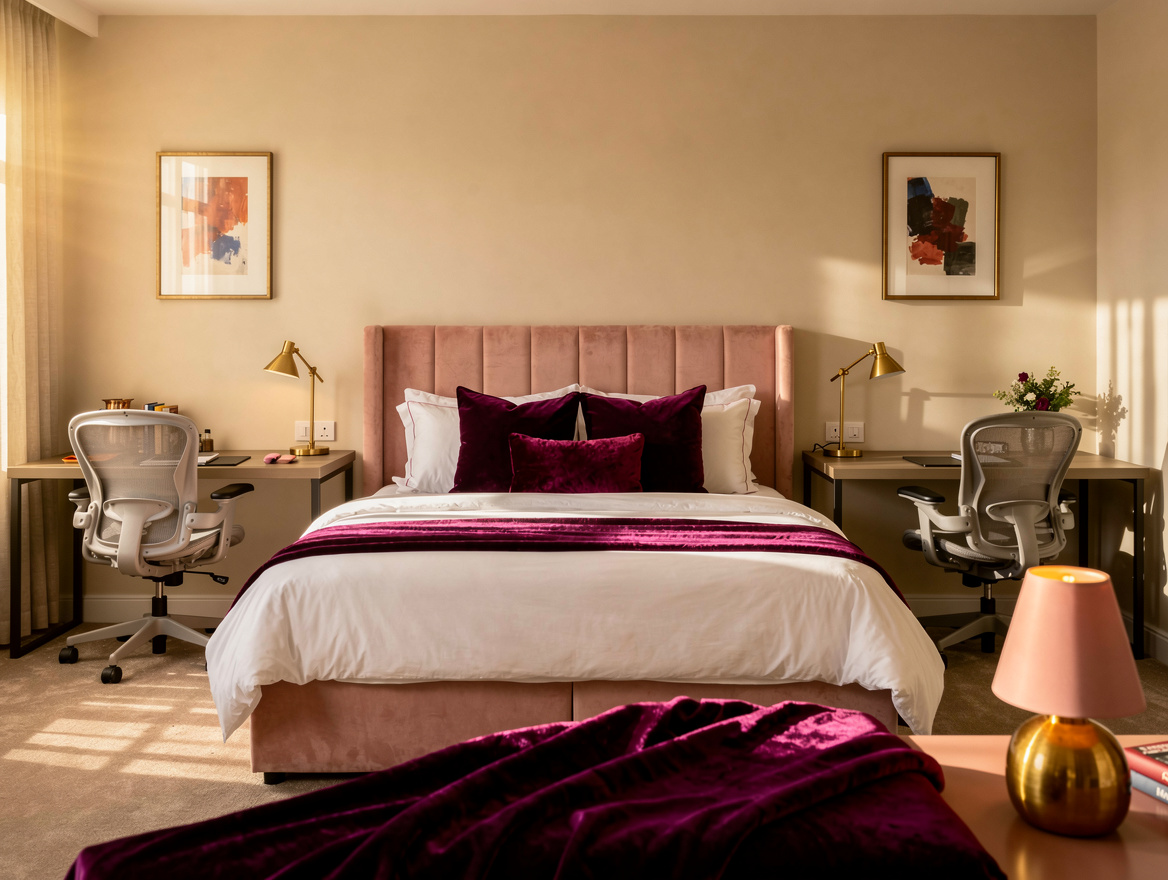 Realistic medium-shot interior photograph of a queen bedroom with two separate w