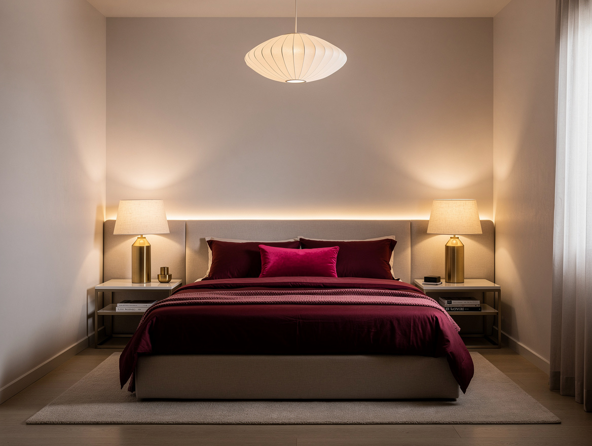 Medium-view photo of a compact windowless bedroom with a white paper pendant, tw