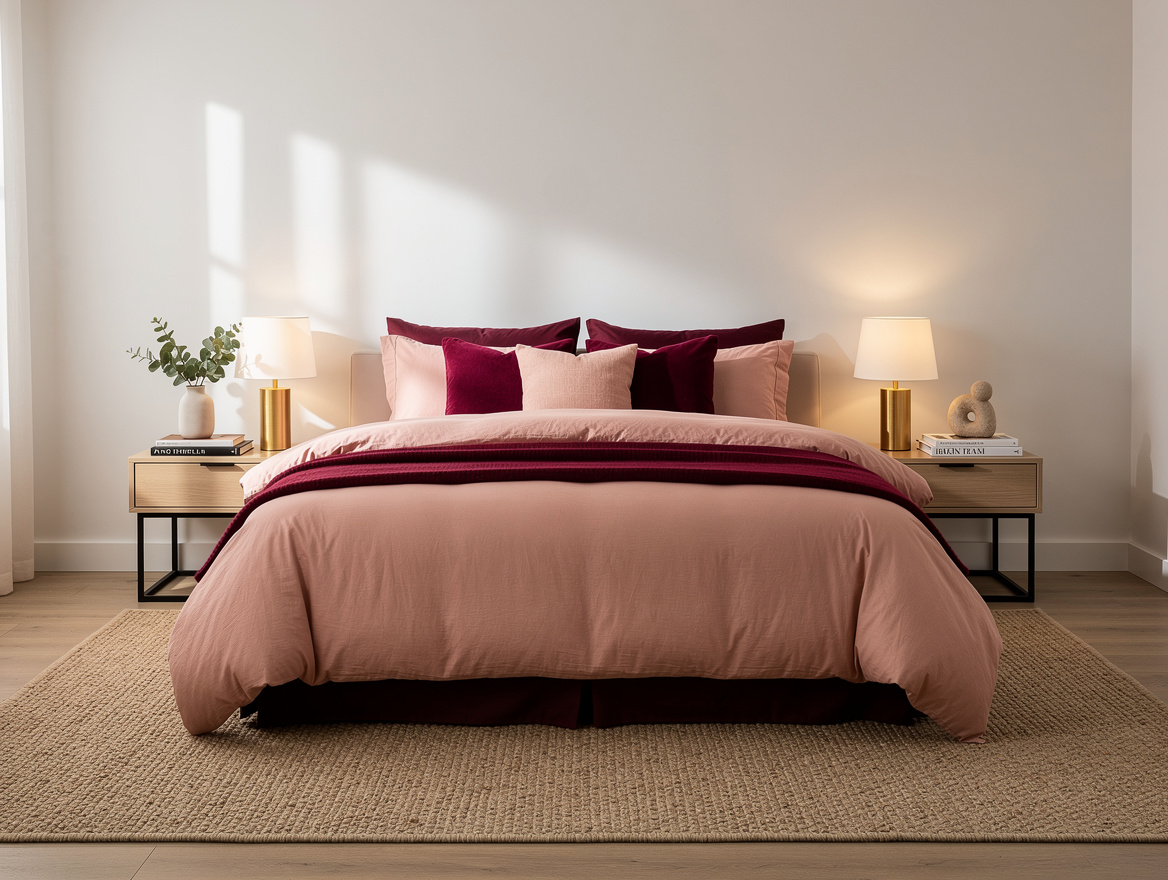 Medium shot of a calm bedroom showing a queen bed centered between two compact n