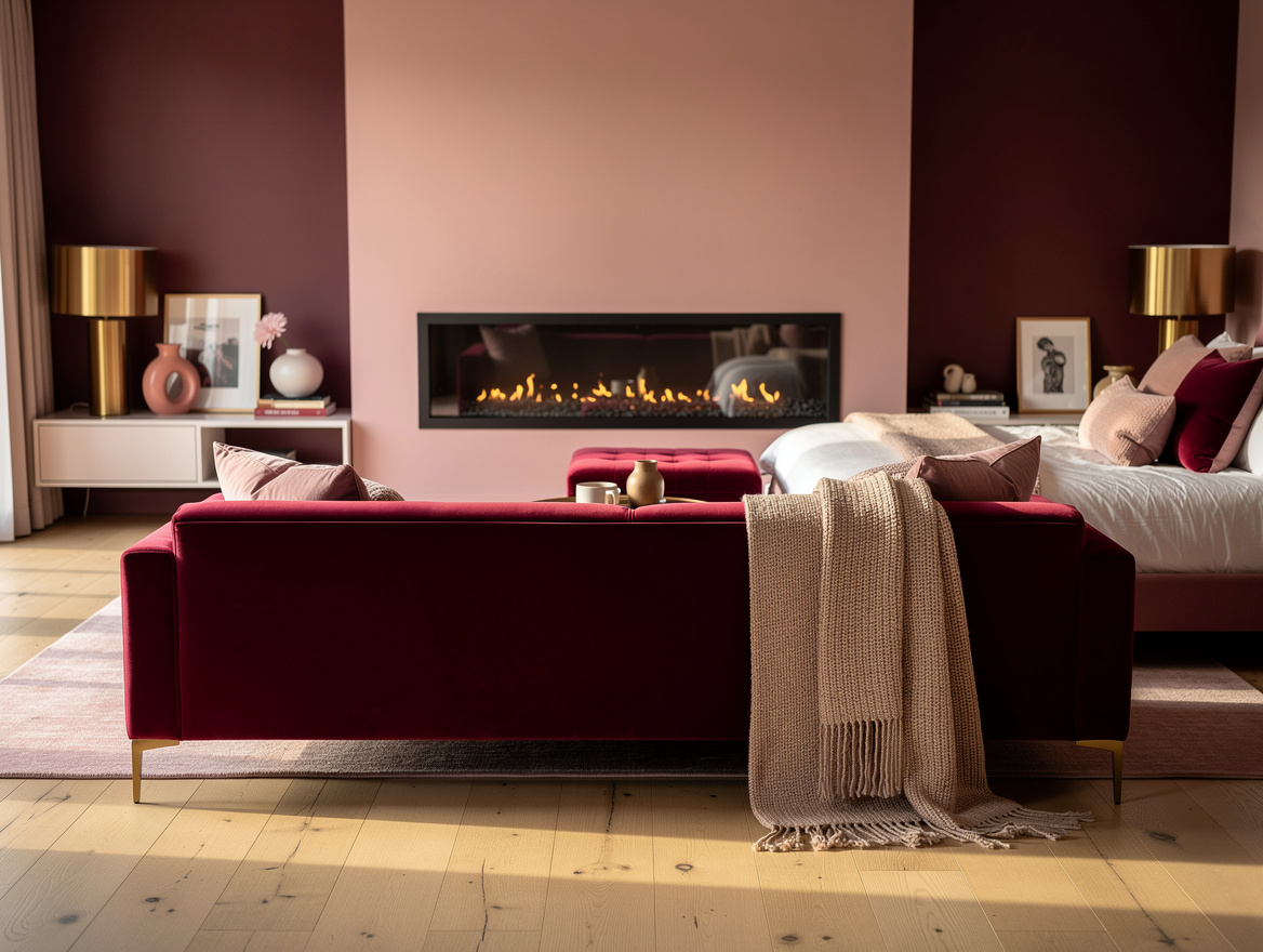 Medium-wide editorial photo of a bedroom with an upholstered sofa centered oppos