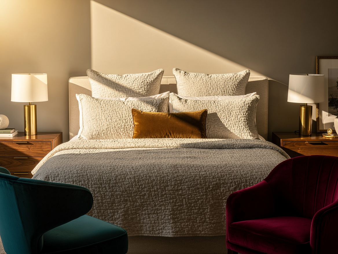 Medium-angle realistic bedroom photo of a tailored neutral bed with stone coverl