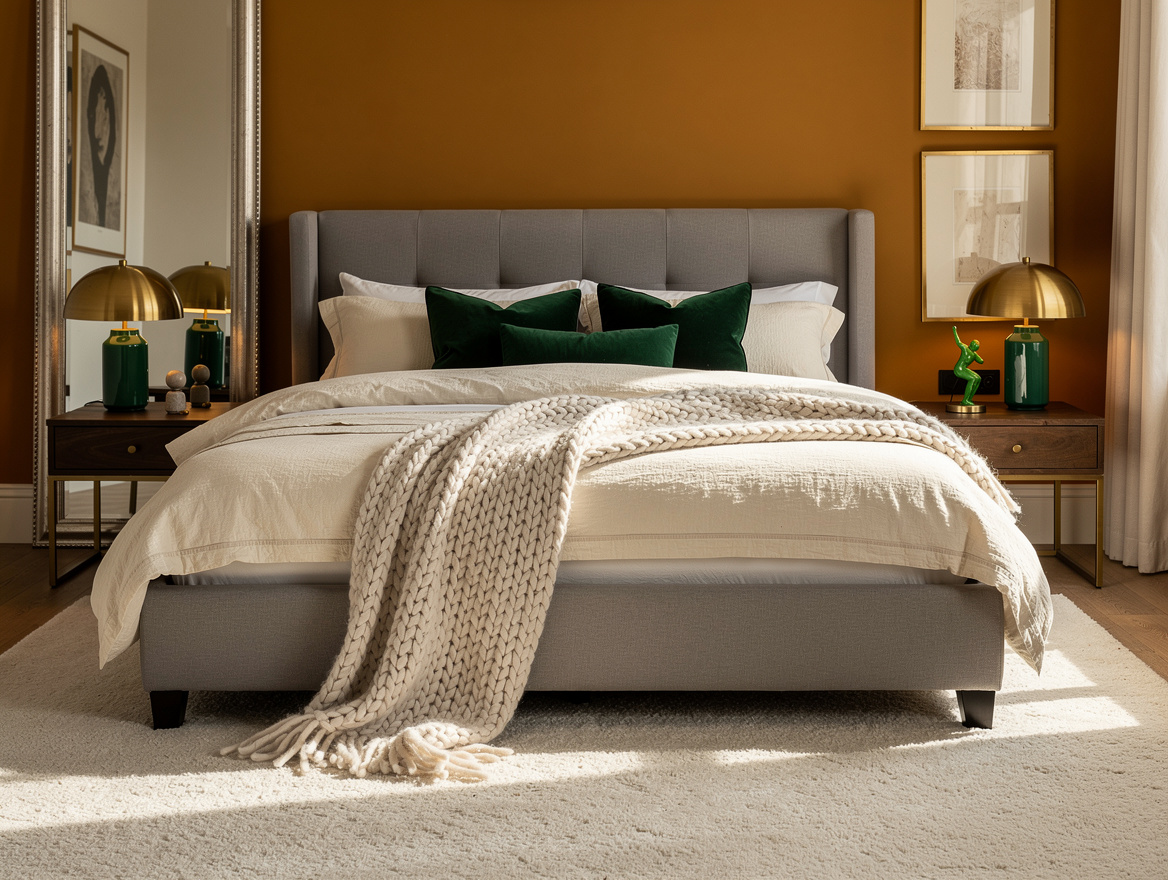 Medium shot of a dove-gray upholstered bed with cream knit throw and pale wool-l