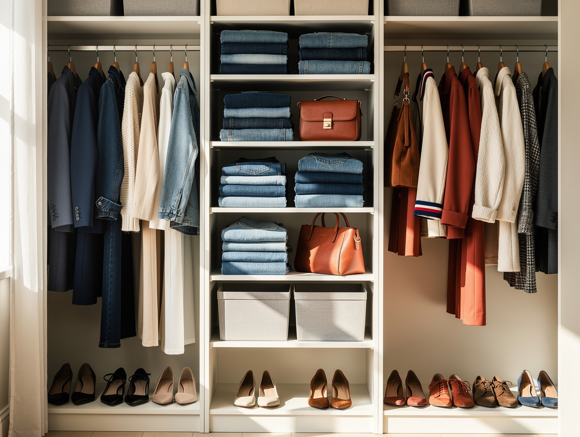 Medium editorial photo of a shared closet with a central laminate shelving tower