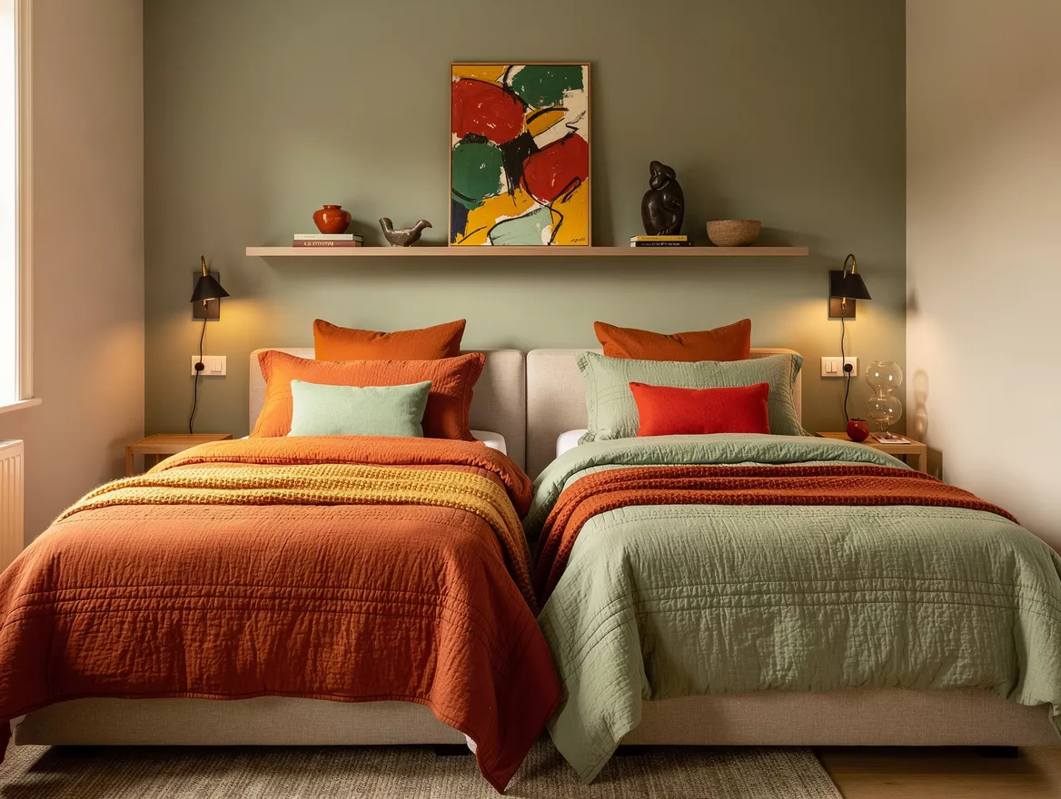 Medium-shot realistic home-decor photo of two slim twin beds arranged side by si