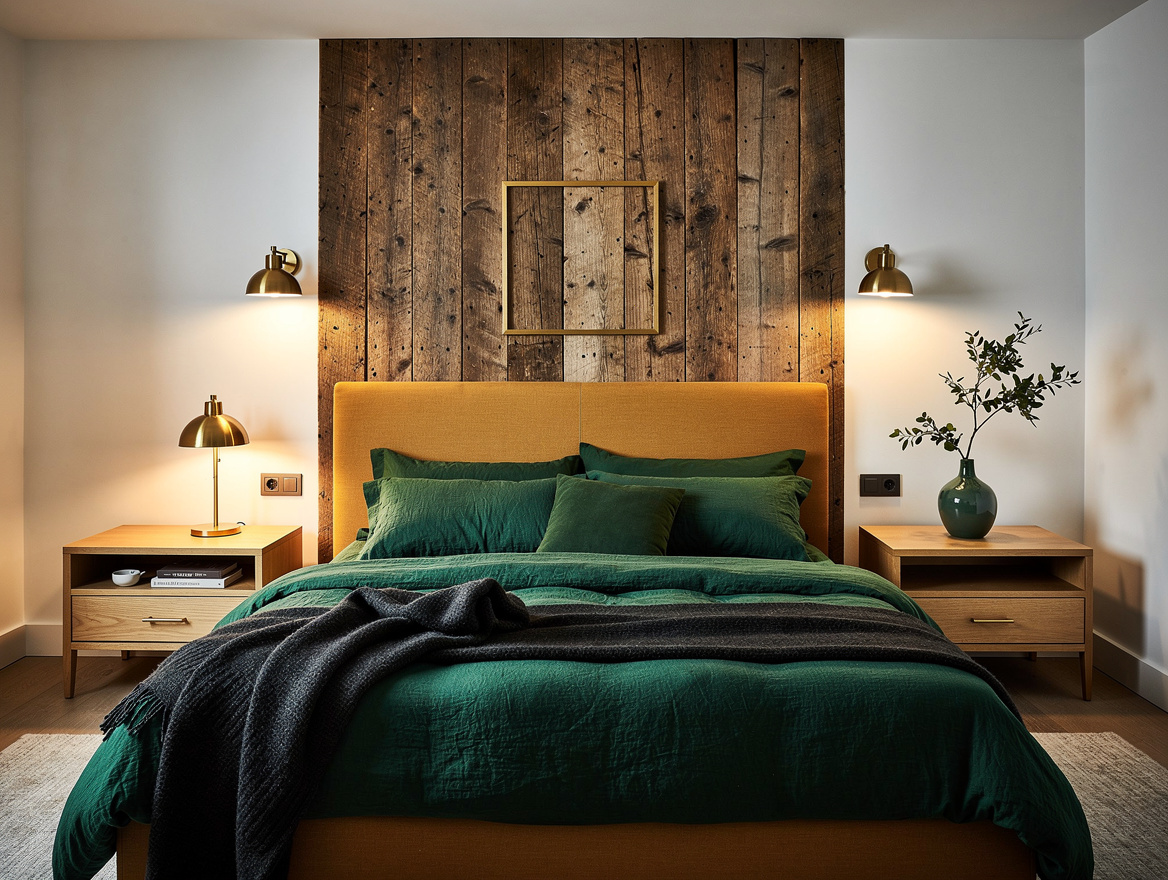 Medium view of a rustic bedroom with a full-width reclaimed-look wood backdrop,