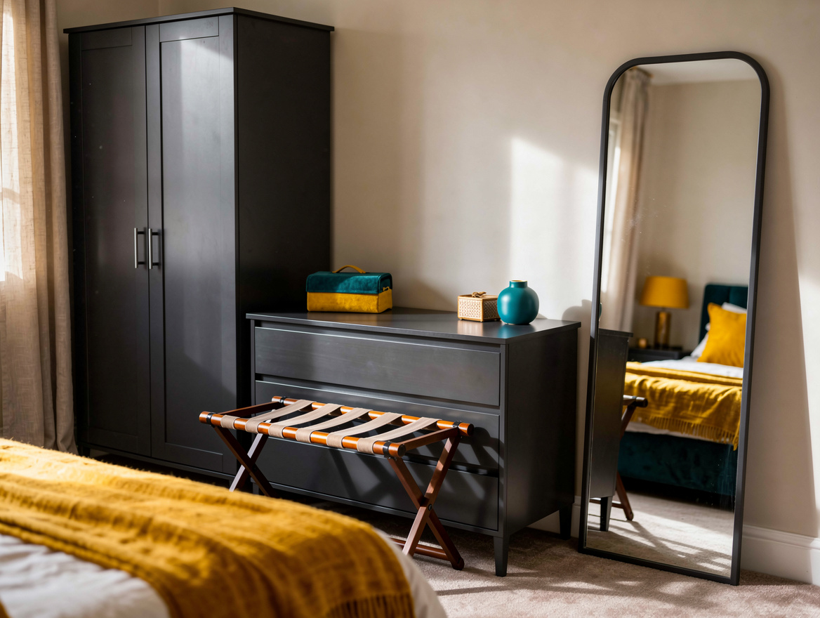 Medium-shot realistic home-decor photo showing a compact wardrobe, low dresser,
