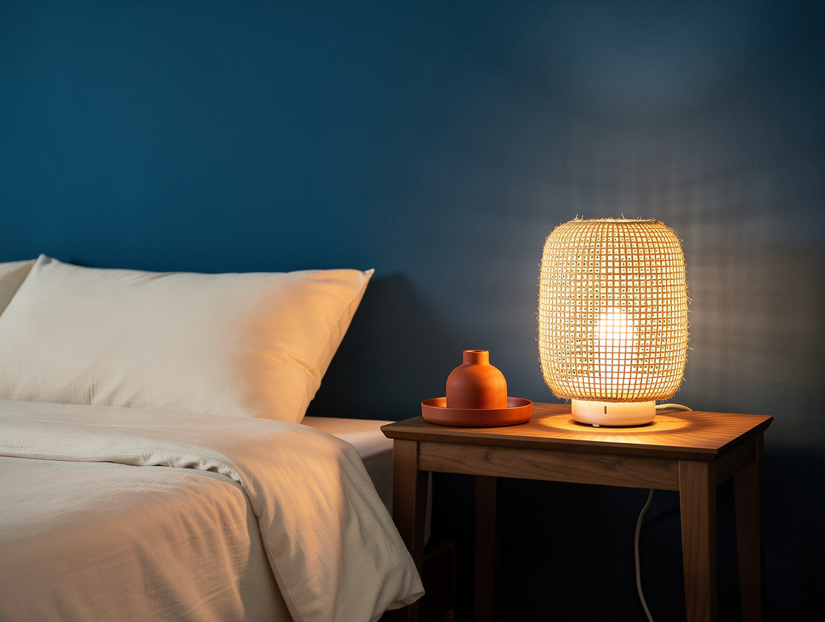 Medium-shot home-decor photograph showing a compact cordless woven lamp on a nar