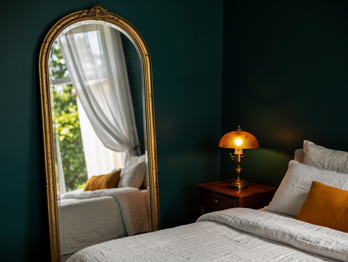 Realistic medium-shot home-decor photograph of a tall arched antique-style mirro