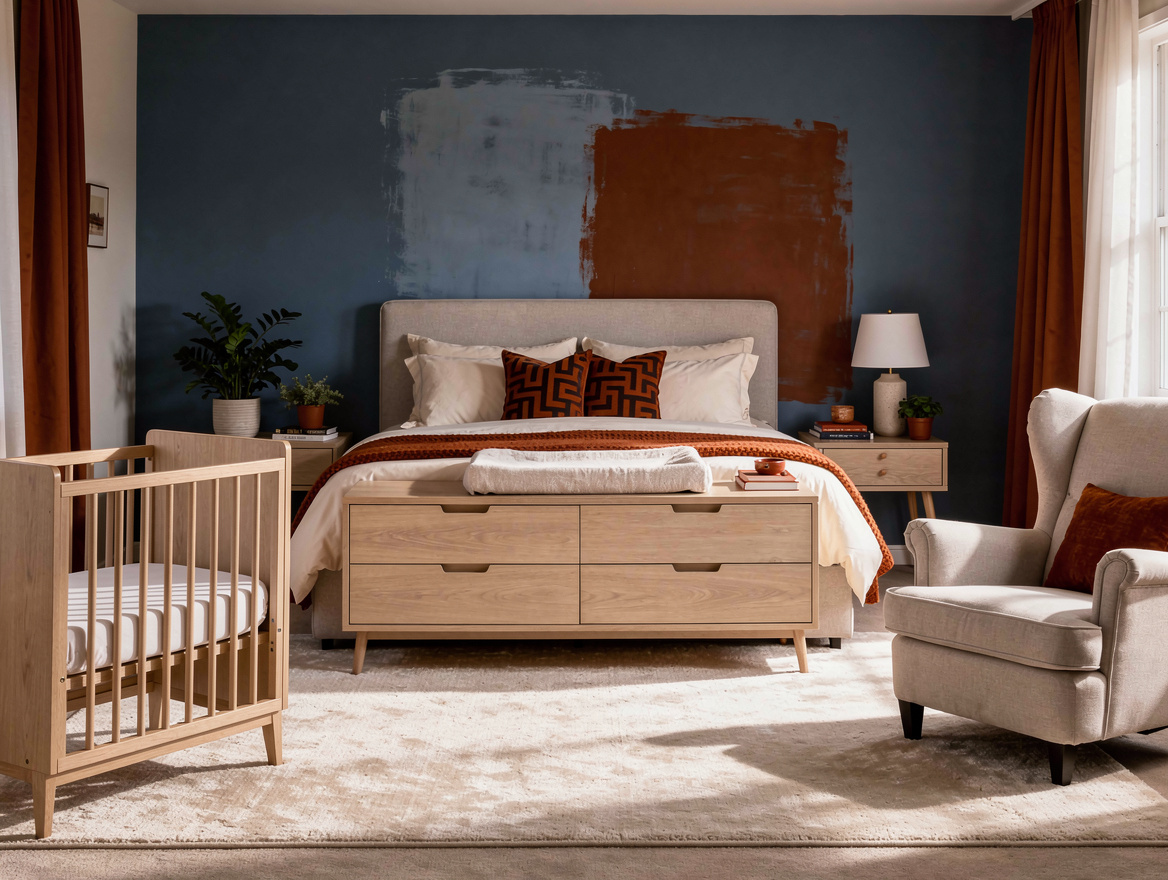 Realistic editorial home-decor medium shot of an oversized primary bedroom with