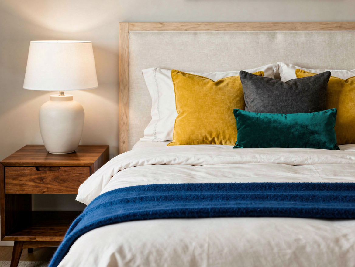 Medium-shot photo of a neutral bedroom with a cobalt throw across the lower thir
