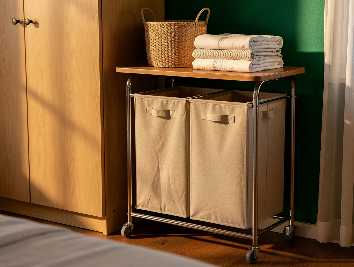 Medium shot photo of a compact two-section rolling laundry sorter tucked beside