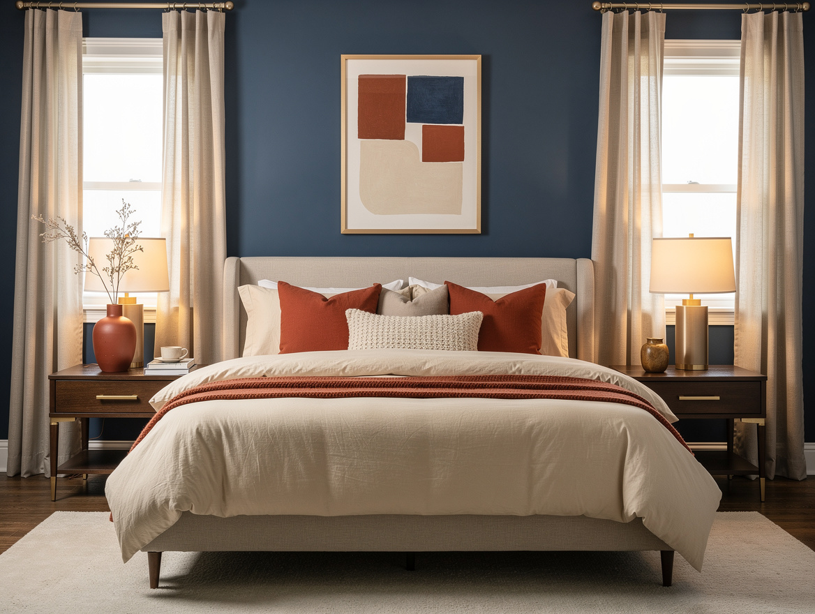 Medium shot of a welcoming guest room with a queen bed, matching bedside lamps,
