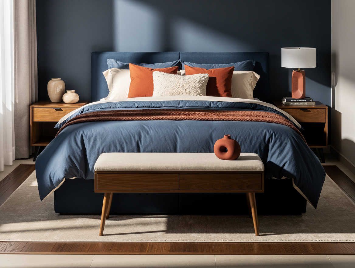 Medium shot of a small bedroom with a queen bed and slim console vanity at the f