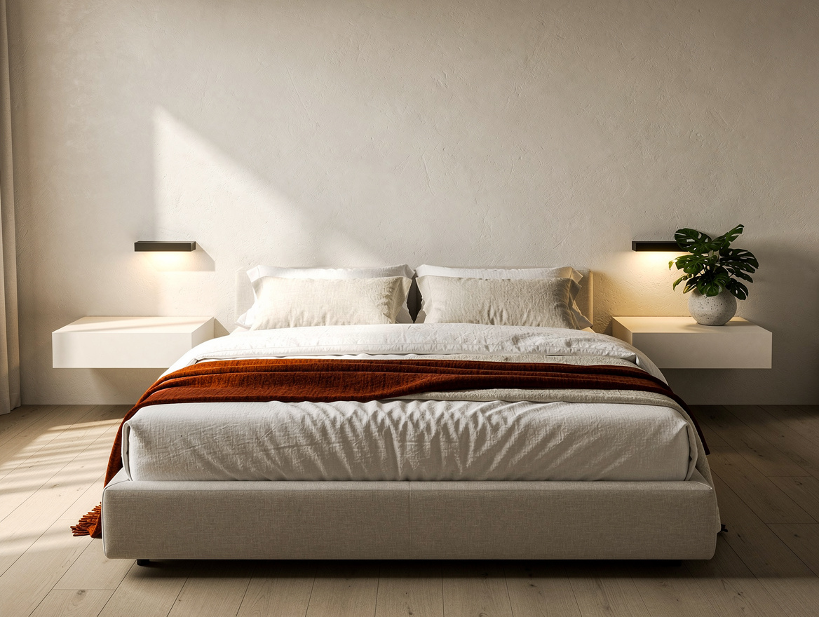 Realistic editorial medium shot of a low upholstered bed with two compact matte-