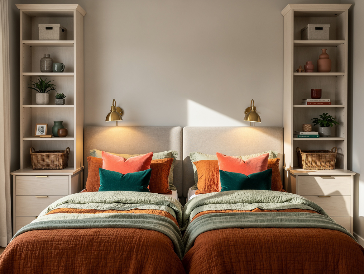 Realistic editorial home-decor medium shot of two twin beds framed by symmetrica