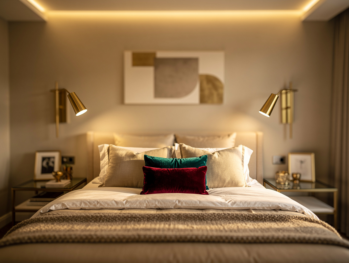 Realistic editorial medium-shot bedroom photo showing symmetrical wall sconces b
