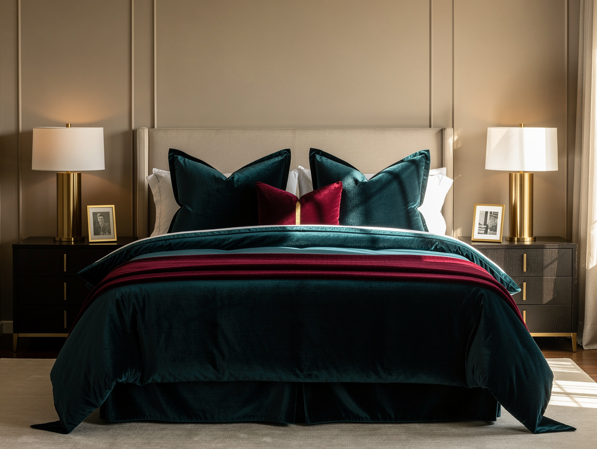 Medium shot of a queen bed styled with generous duvet side drop, plump square pi