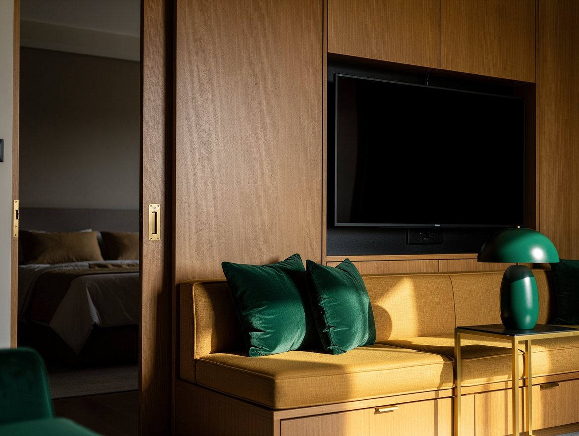 Realistic editorial home-decor medium shot of a compact media lounge beside a be