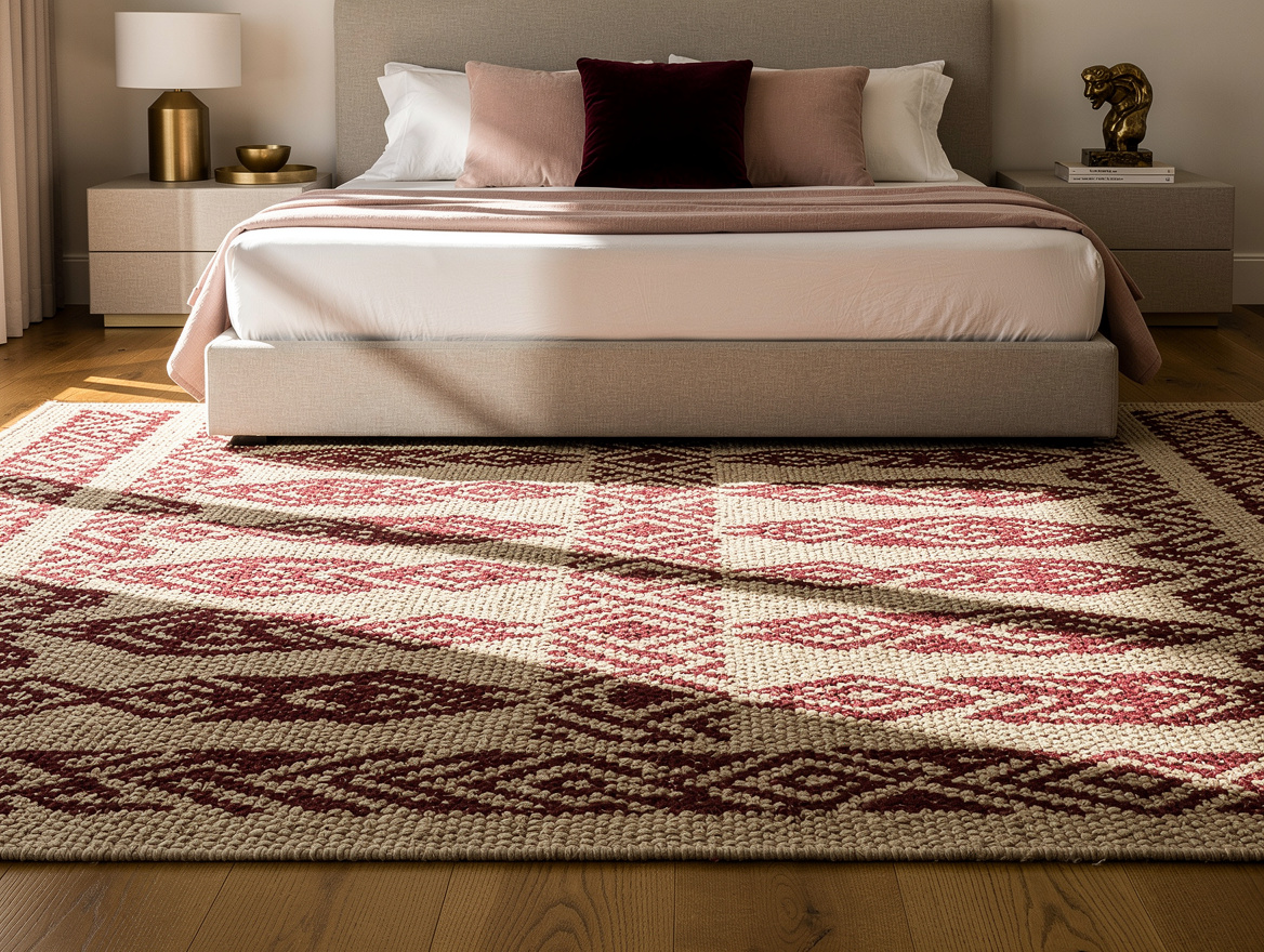 medium shot of a flatwoven off-white and red area rug laid perpendicular to a ne