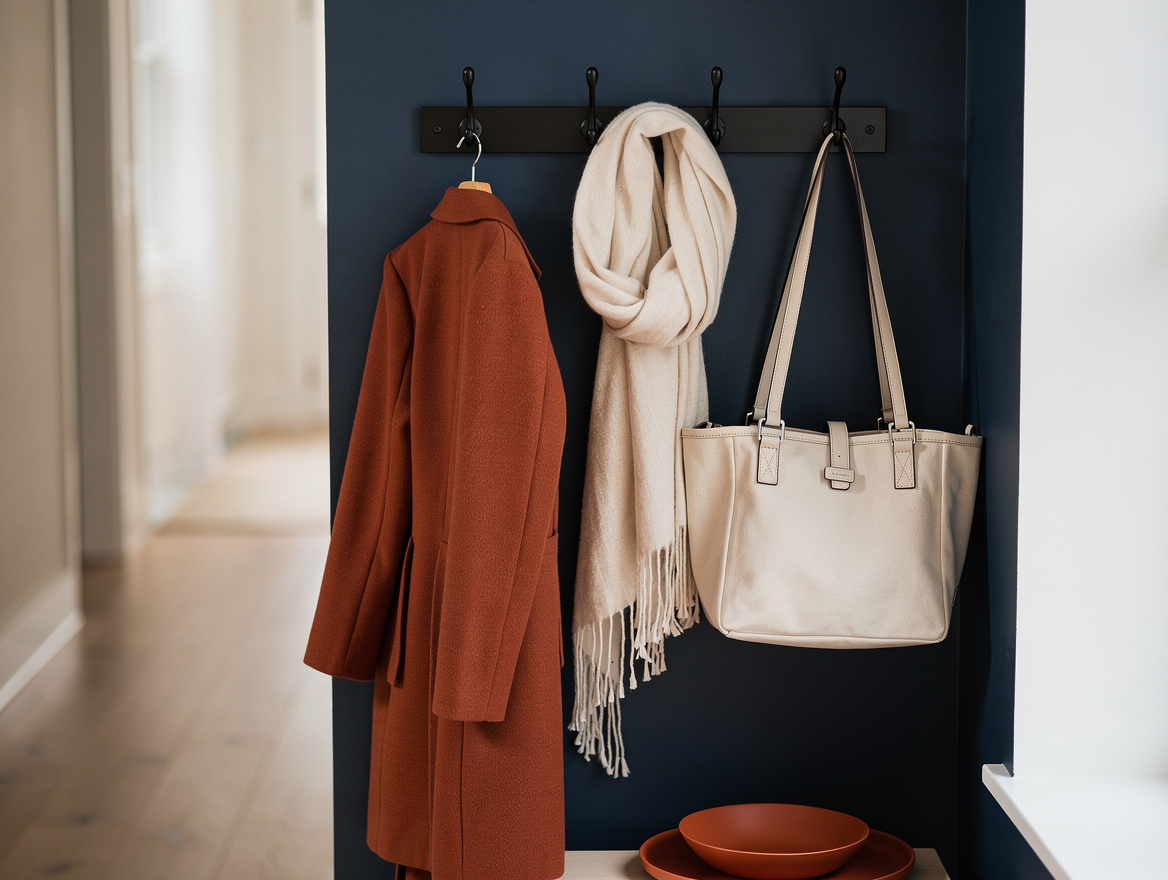 Medium shot of a 30-inch matte black hook rail mounted in a narrow hallway entry