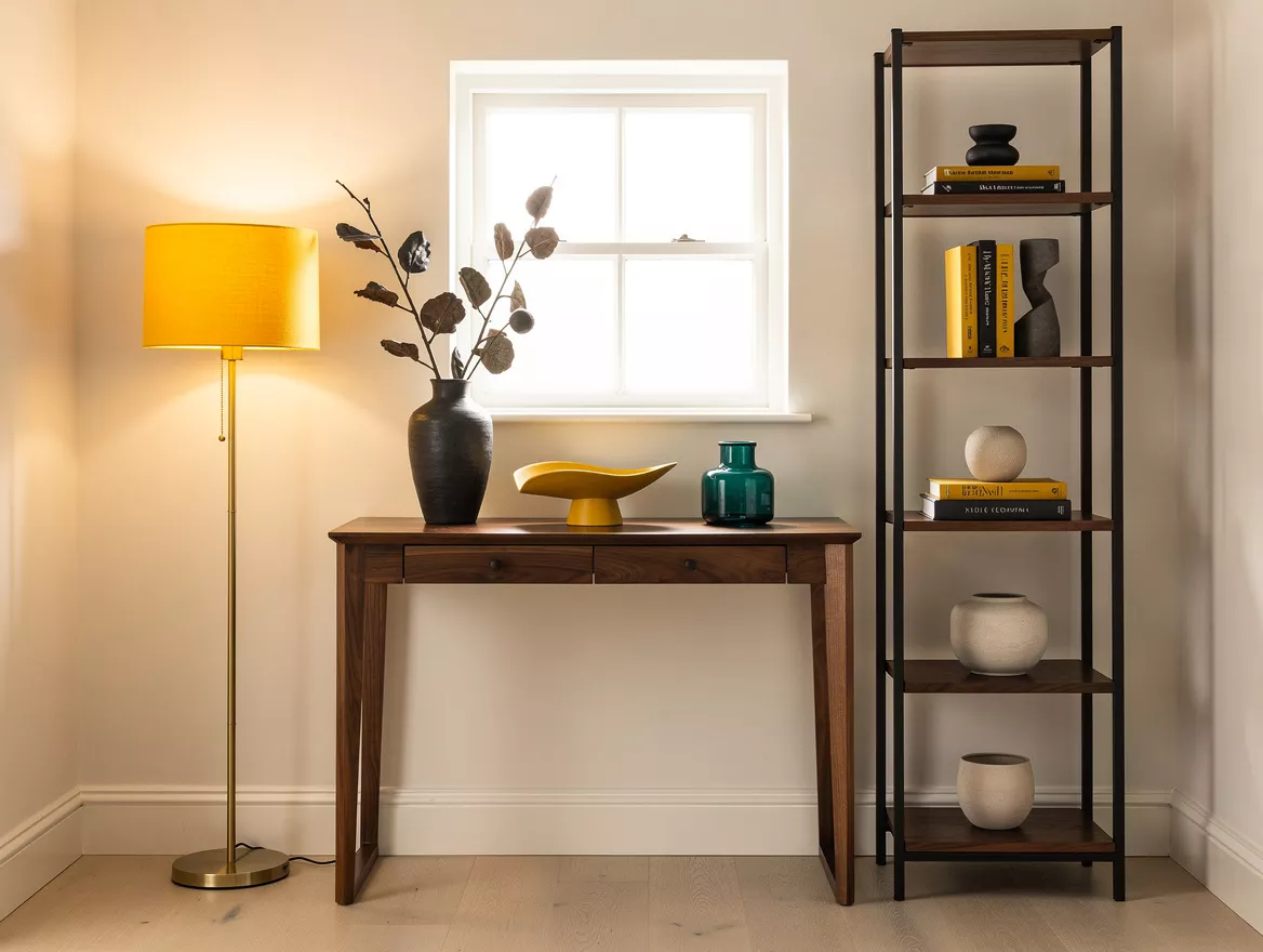 Medium shot of a narrow walnut console under a small window in a neutral living