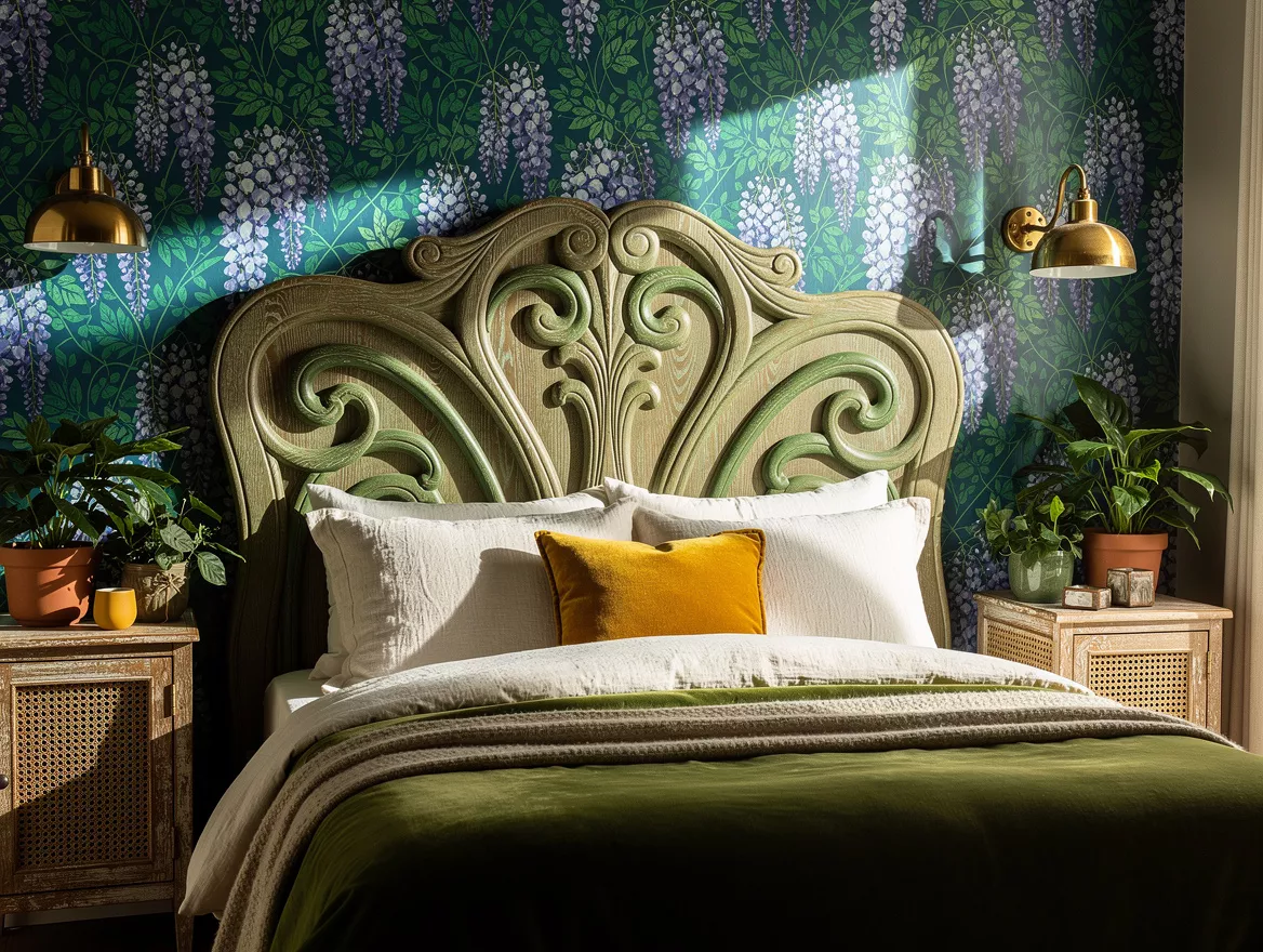 medium shot of a carved oak headboard with whiplash curves against wisteria patt