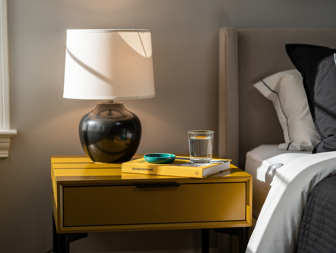 Medium shot of a balanced bedside table with a ceramic lamp, ivory linen drum sh