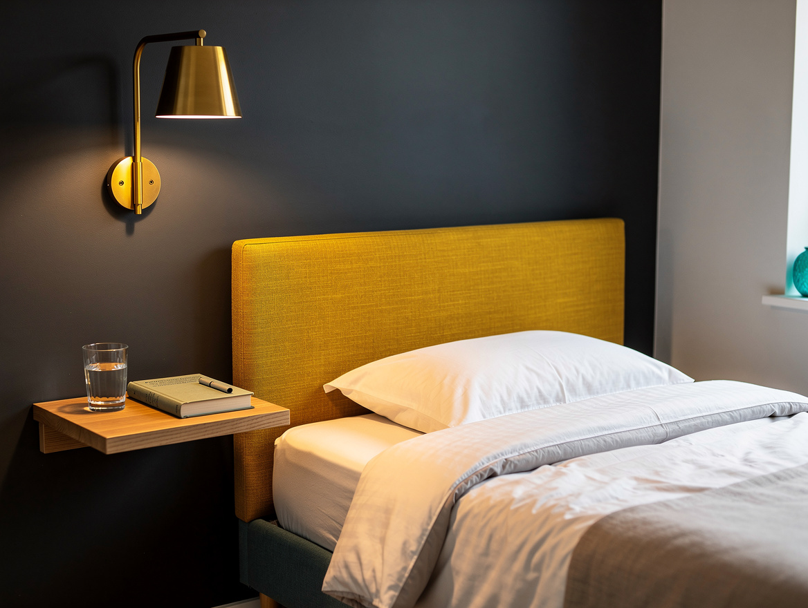 medium shot of a small guest room corner, slim upholstered headboard mounted on