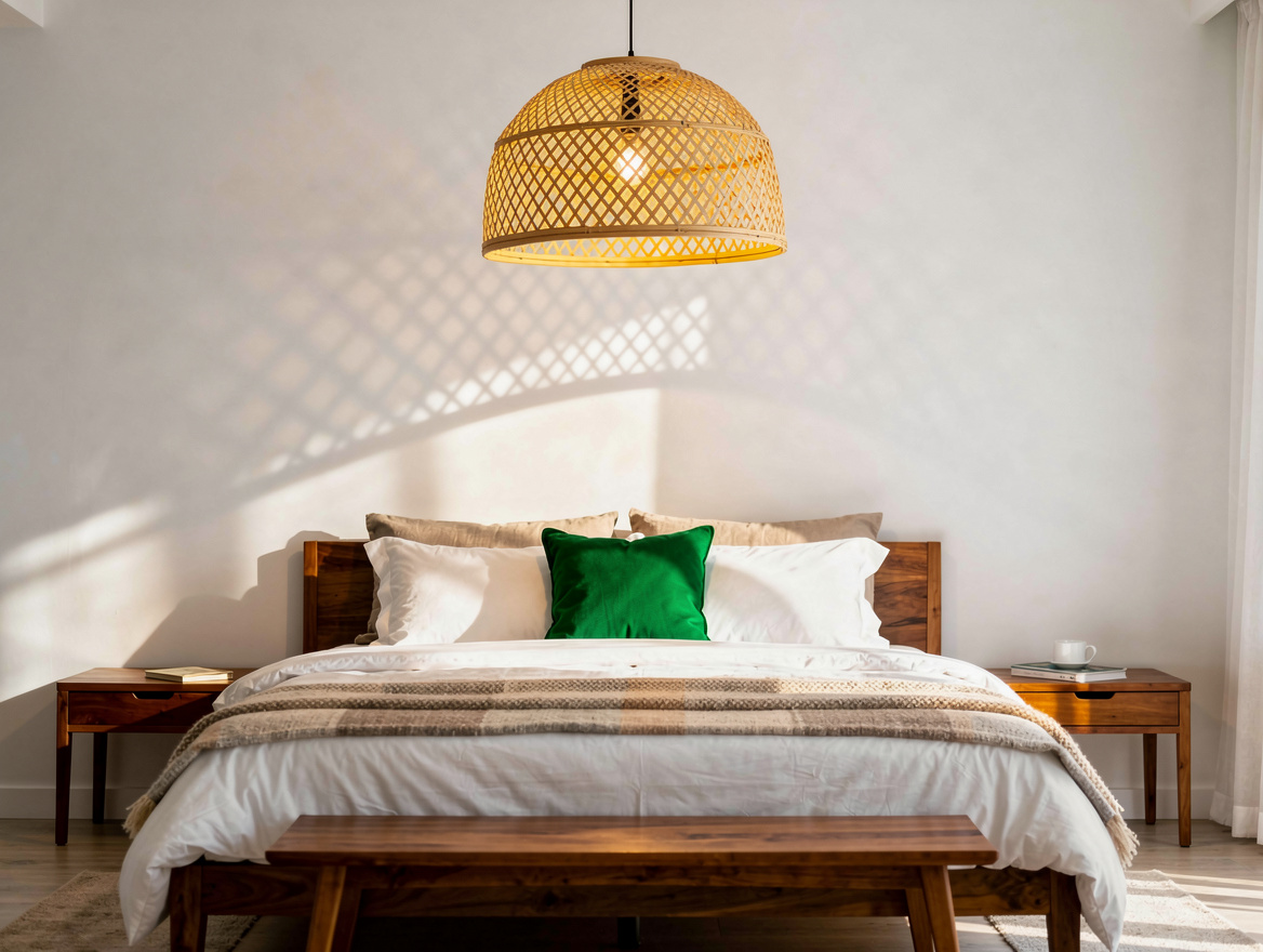 Realistic medium-shot home-decor photo of a woven bamboo pendant above a white-w