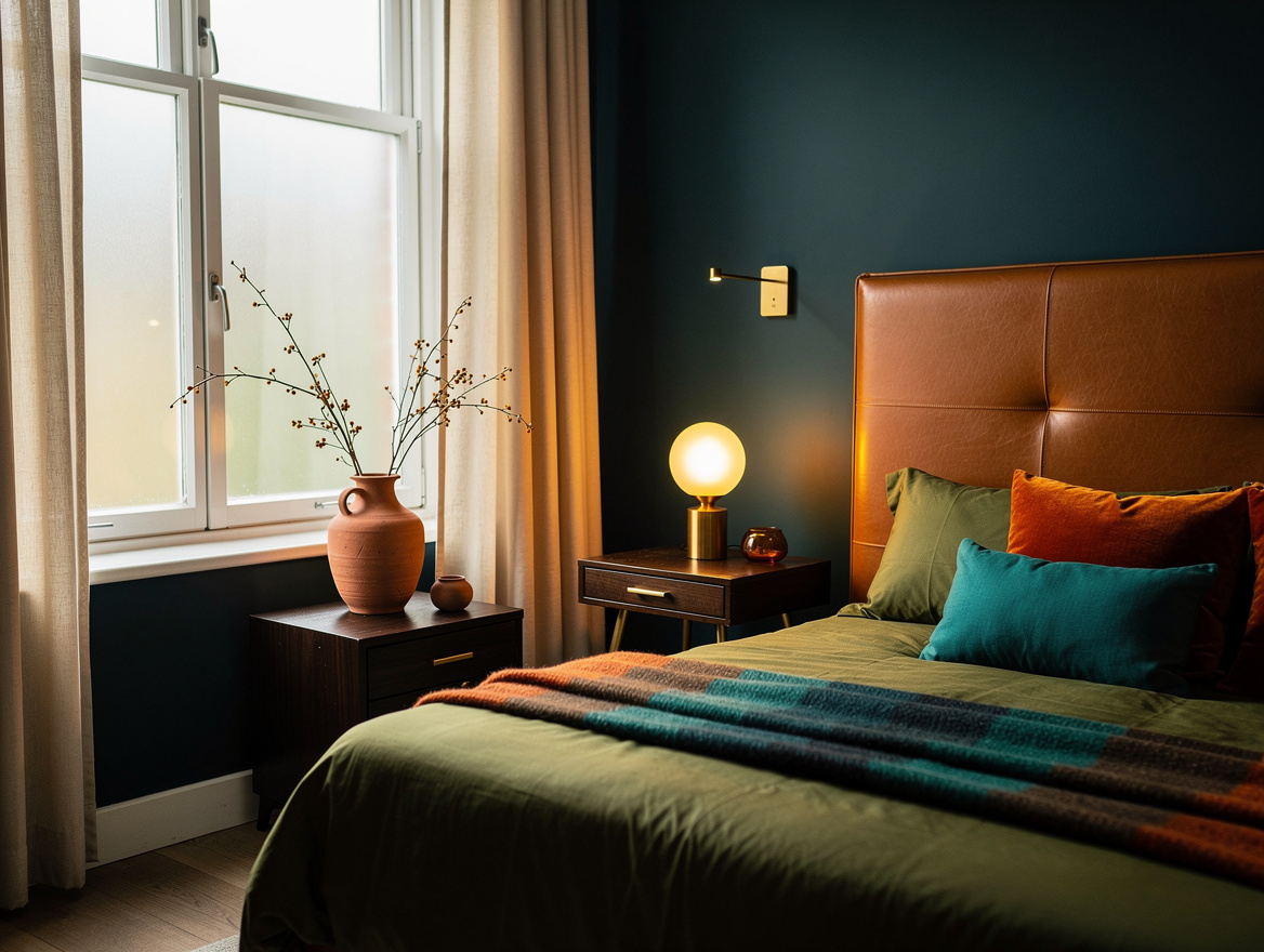 Realistic medium-shot home-decor photograph of an olive green bedroom with camel