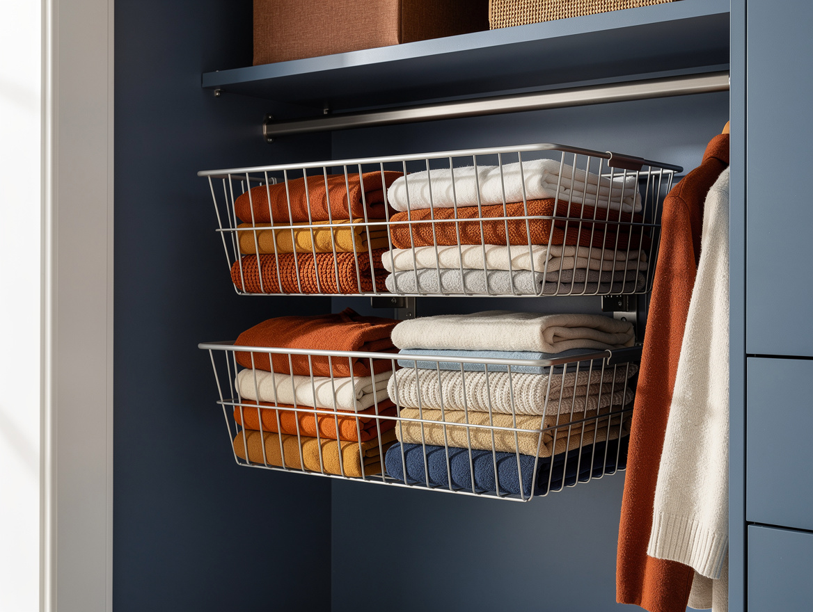 Realistic medium shot of two shallow pull-out wire baskets stacked beneath a clo