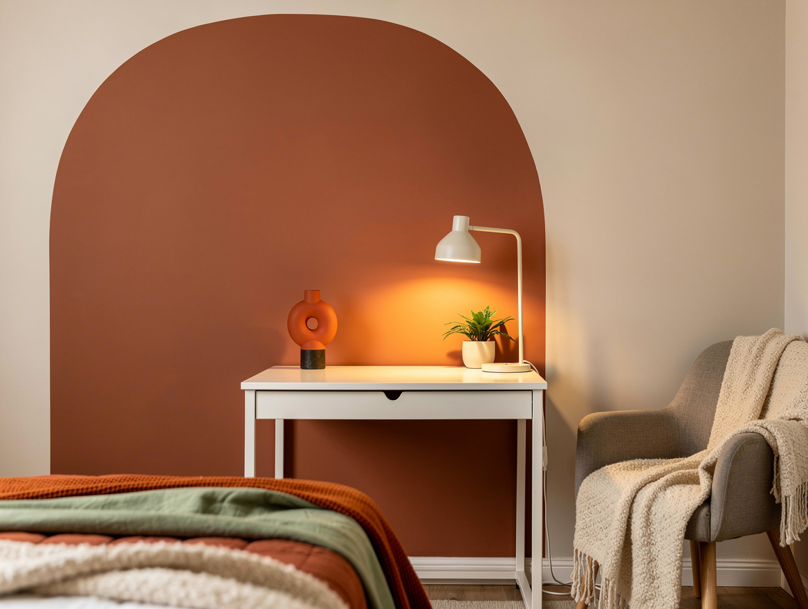 Realistic medium shot of a small bedroom work zone with a compact white desk ins
