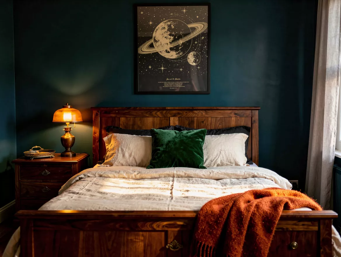 Realistic medium-shot home-decor photograph of a dark academia bedroom showing w