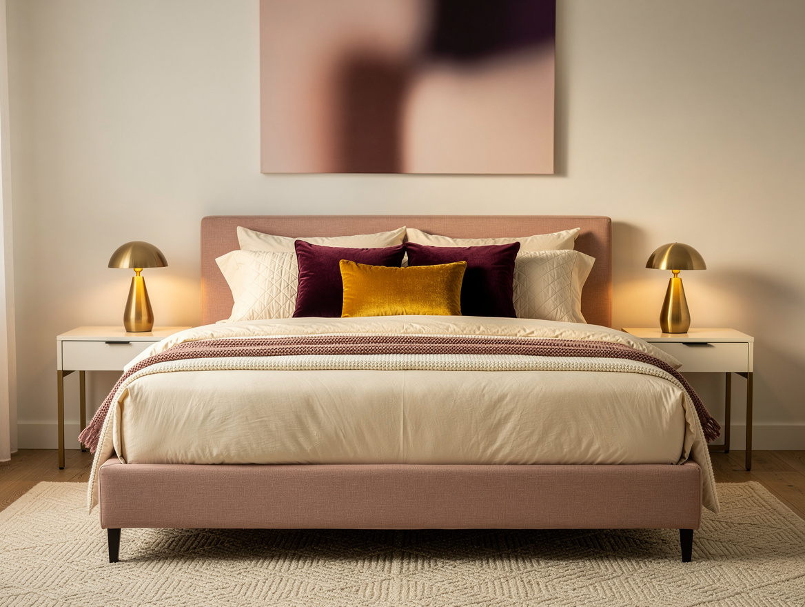 Realistic editorial medium-shot photo of a couples bedroom with a low upholstere