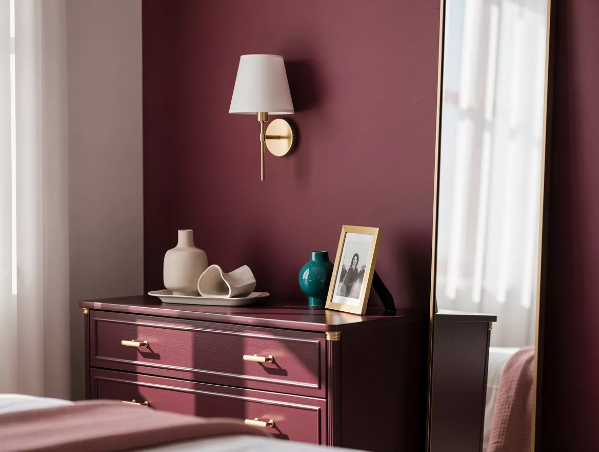 Realistic medium-shot bedroom scene with a wall-mounted lamp above a tidy dresse