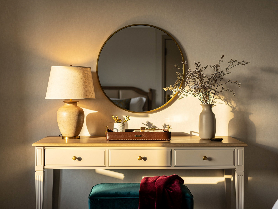 Medium shot of a boutique-hotel-inspired bedroom dresser with round mirror, cera