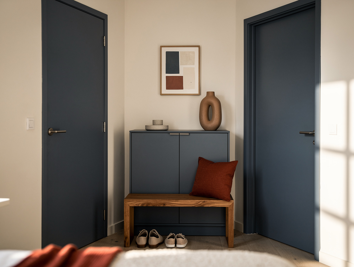 Realistic editorial medium shot of a 1.2 by 2.2 meter bedroom vestibule with off