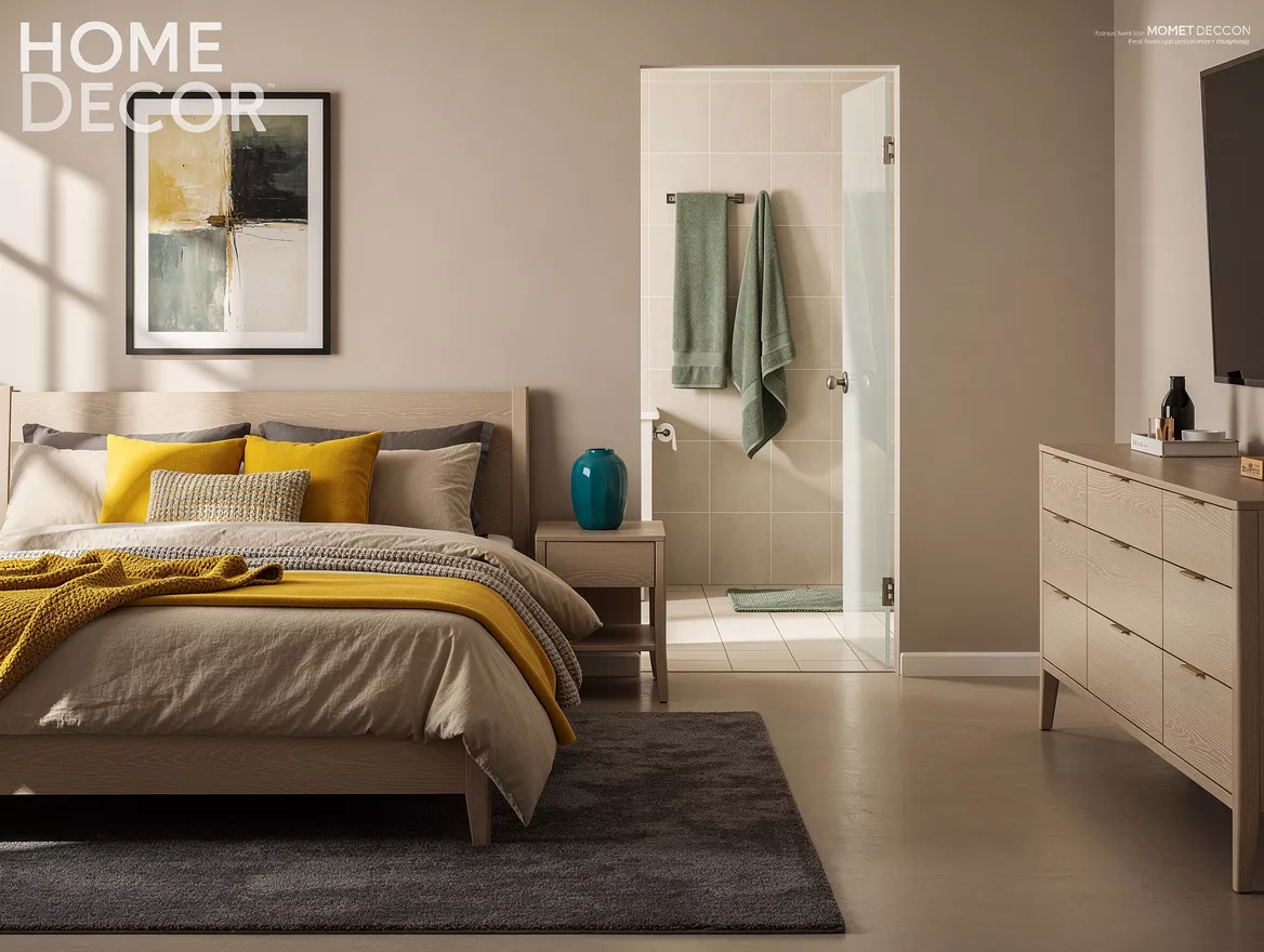 Realistic medium shot of a warm neutral bedroom leading into an attached bathroo