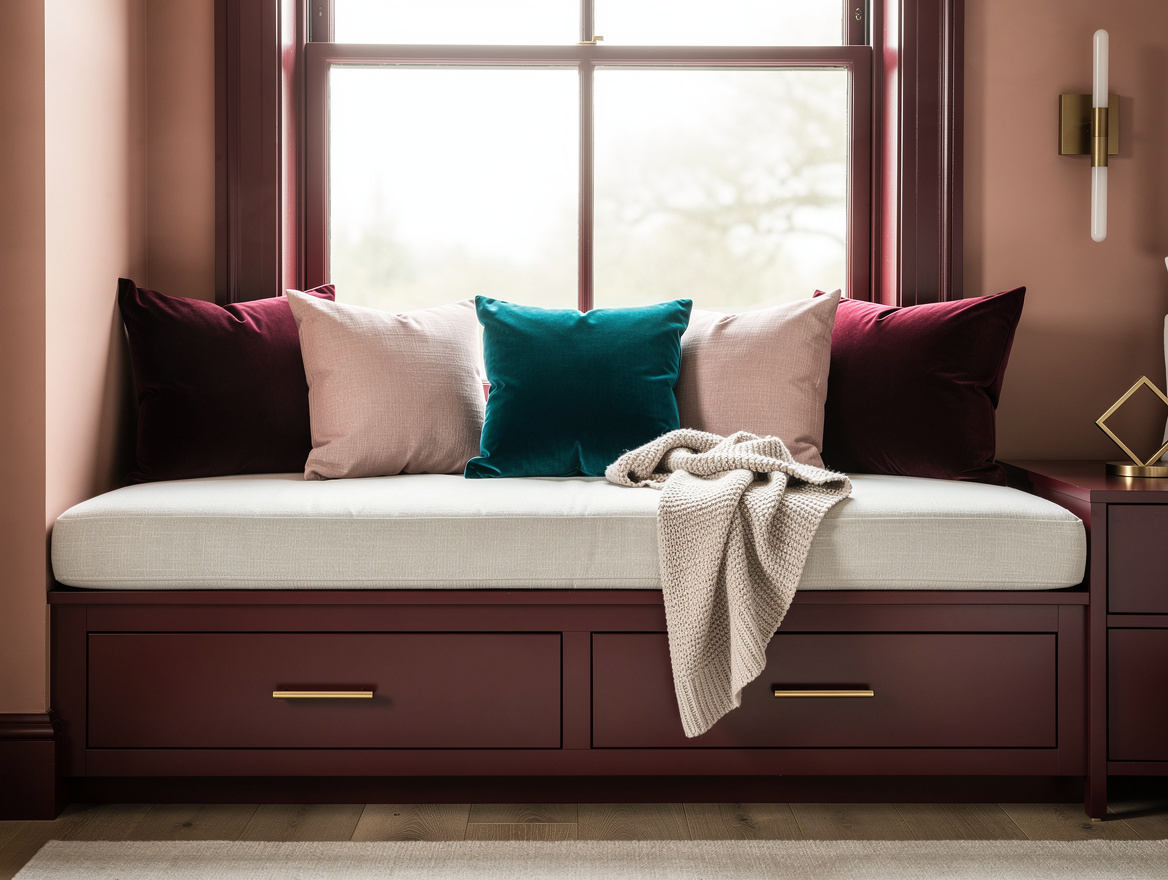 Realistic medium-shot home-decor photo of a 180 cm-wide built-in window seat wit