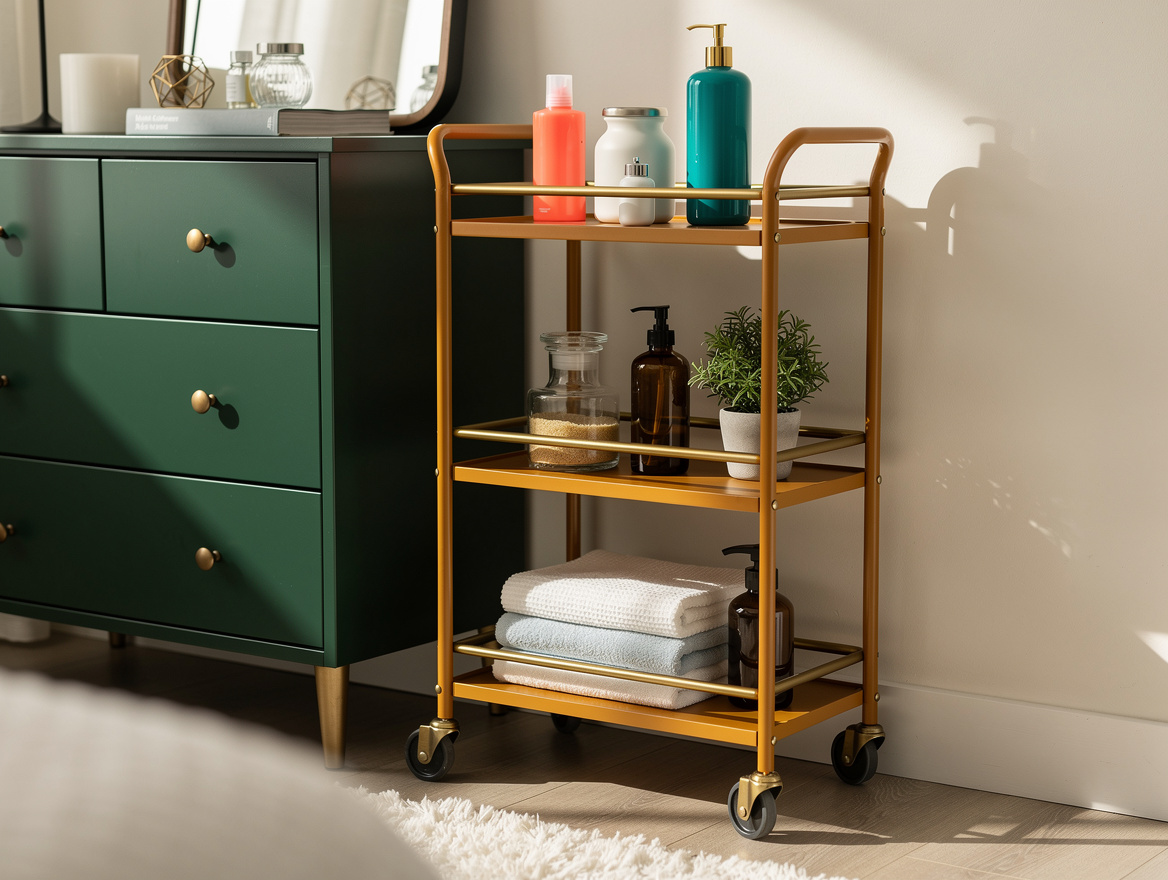 Realistic medium-shot home-decor photo of a slim rolling cart tucked between a d